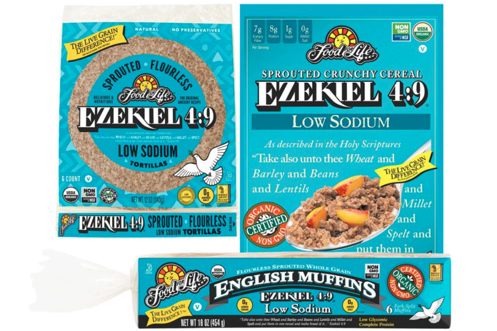 Ezekiel 4:9 Low Sodium Sprouted Flourless English Muffins, Ezekiel 4:9 Low Sodium Sprouted Flourless Crunchy Cereal and Ezekiel 4:9 Low Sodium Sprouted Flourless Tortillas