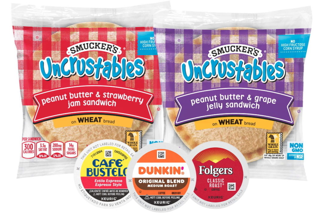 Smuckers Uncrustables and Dunkin, Cafe Bustelo and Folgers K-Cup coffee pods