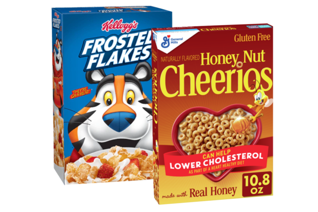 Box of Cheerios next to a box of Frosted Flakes