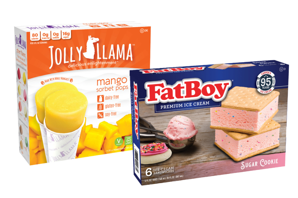 Jolly Llama mango sorbet pops and FatBoy sugar cookie ice cream sandwiches from Casper's Ice Cream