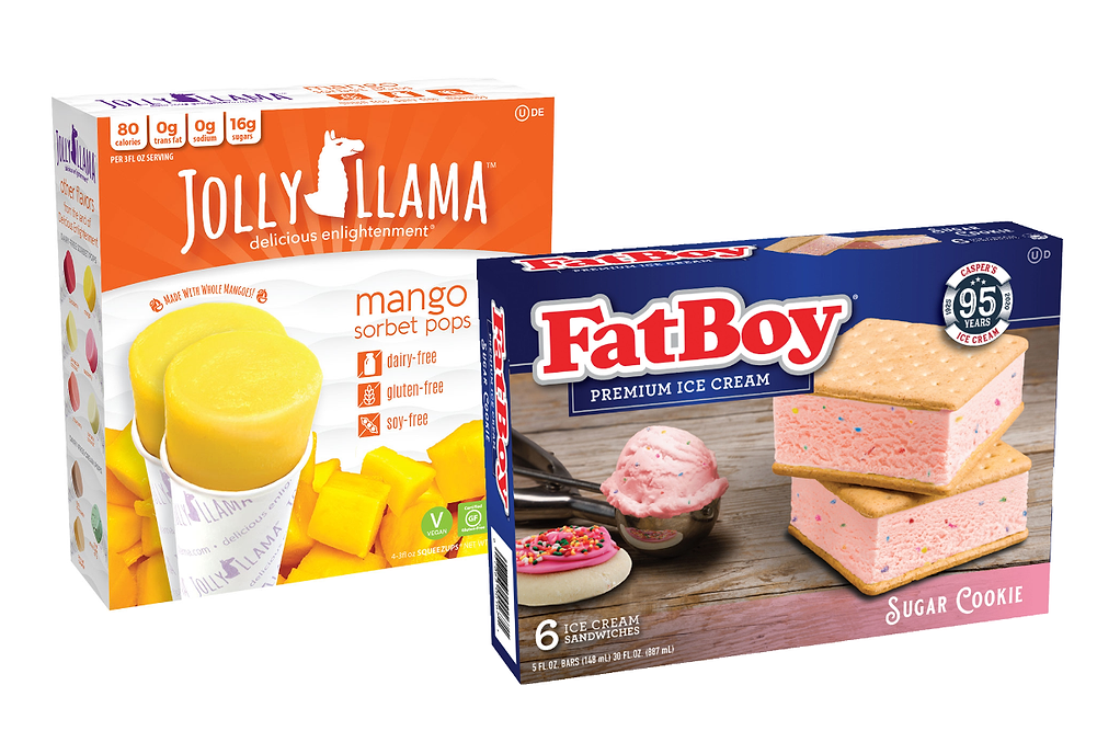 Jolly Llama mango sorbet pops and FatBoy sugar cookie ice cream sandwiches from Casper's Ice Cream