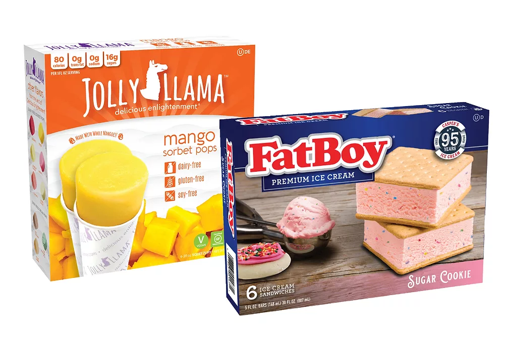 Jolly Llama mango sorbet pops and FatBoy sugar cookie ice cream sandwiches from Casper's Ice Cream