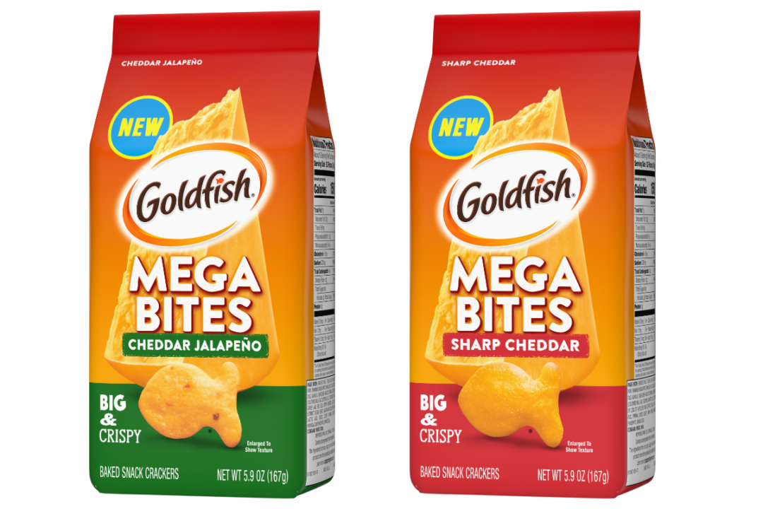 Two bags of the new Goldfish Mega Bites snack