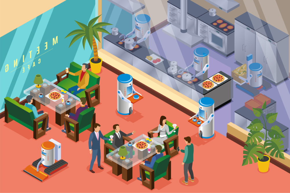 Illustration of restaurant with robot workers