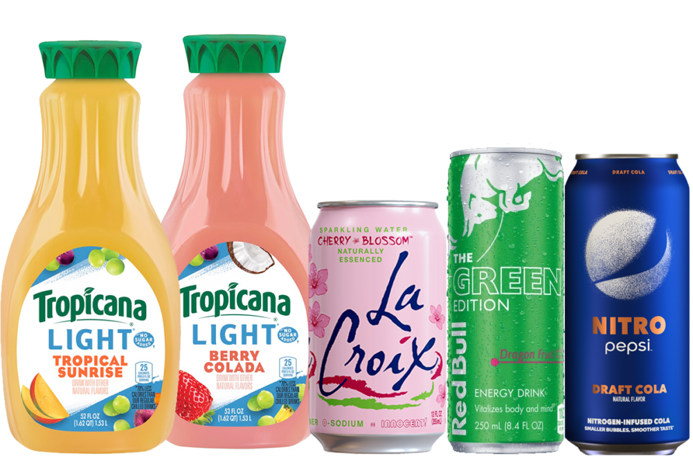 Products from Source Tropicana, LaCroix, Red Bull, Pepsi