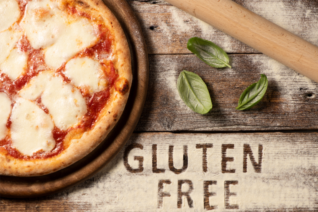A gluten-free pizza next to the words "gluten-free"