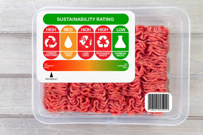 Ground meat with sustainability label on package