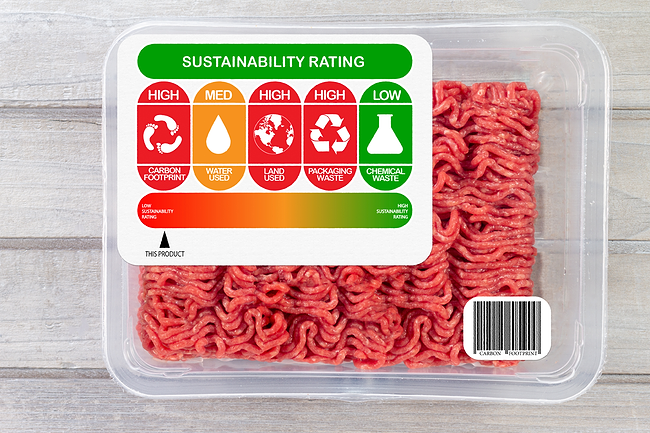 Ground meat with sustainability label on package