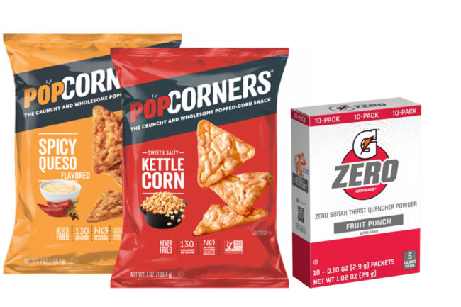 Popcorners chips and Gatorade Zero powder