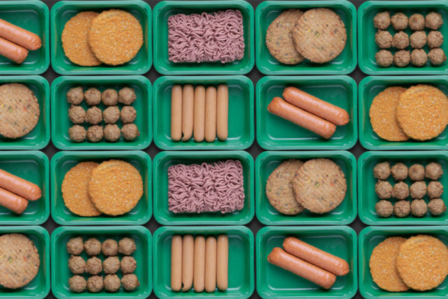 Vegetarian plant-based meat on trays