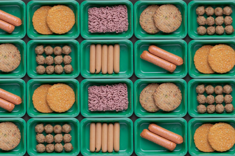 Vegetarian plant-based meat on trays