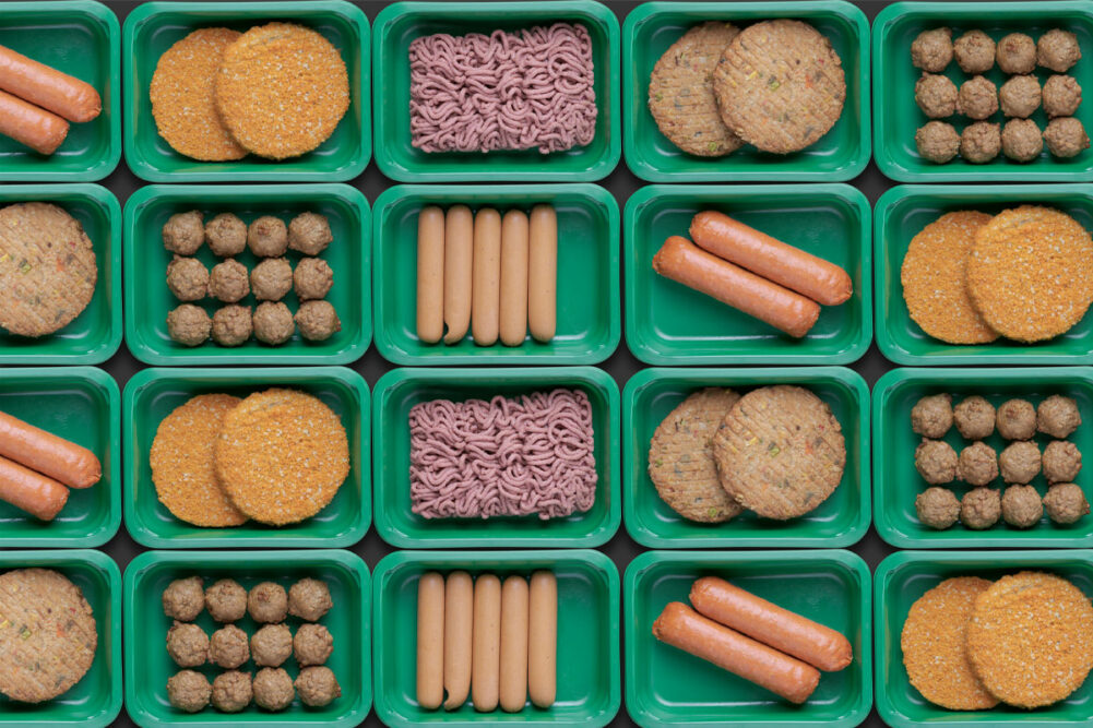 Vegetarian plant-based meat on trays