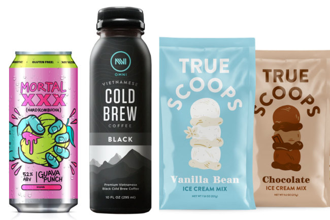 food and beverage products from Mortal, Omni and True Scoops