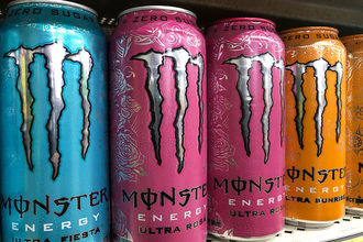 Monster energy drinks on shelf