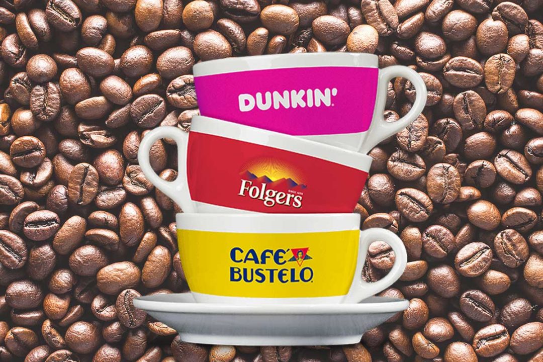 coffee cups with Dunkin', Folgers and Cafe Bustelo logos 