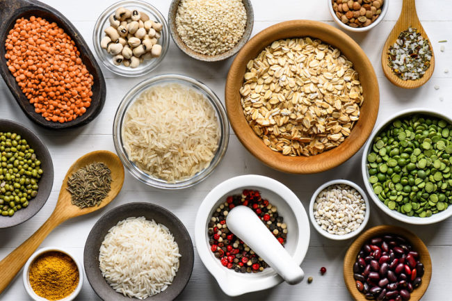 Lentils, oats and grains in dishes