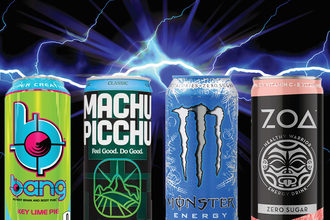 Energy drinks against a lightning background