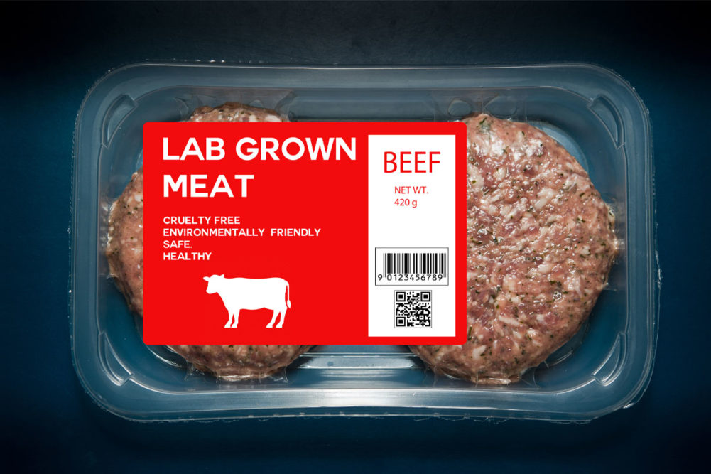 Lab-grown meat on a tray