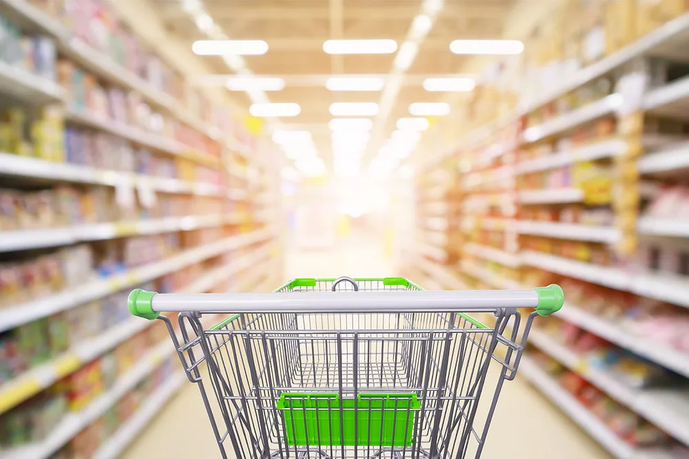 Empty shopping cart in a grocery store