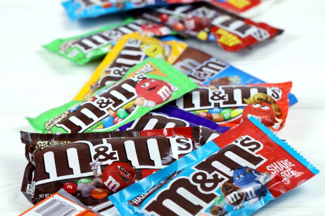 M&M bags in a pile