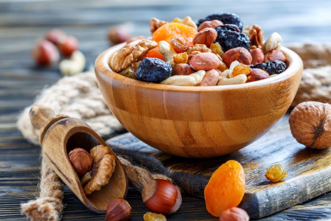 Trail mix with nuts and dired fruits