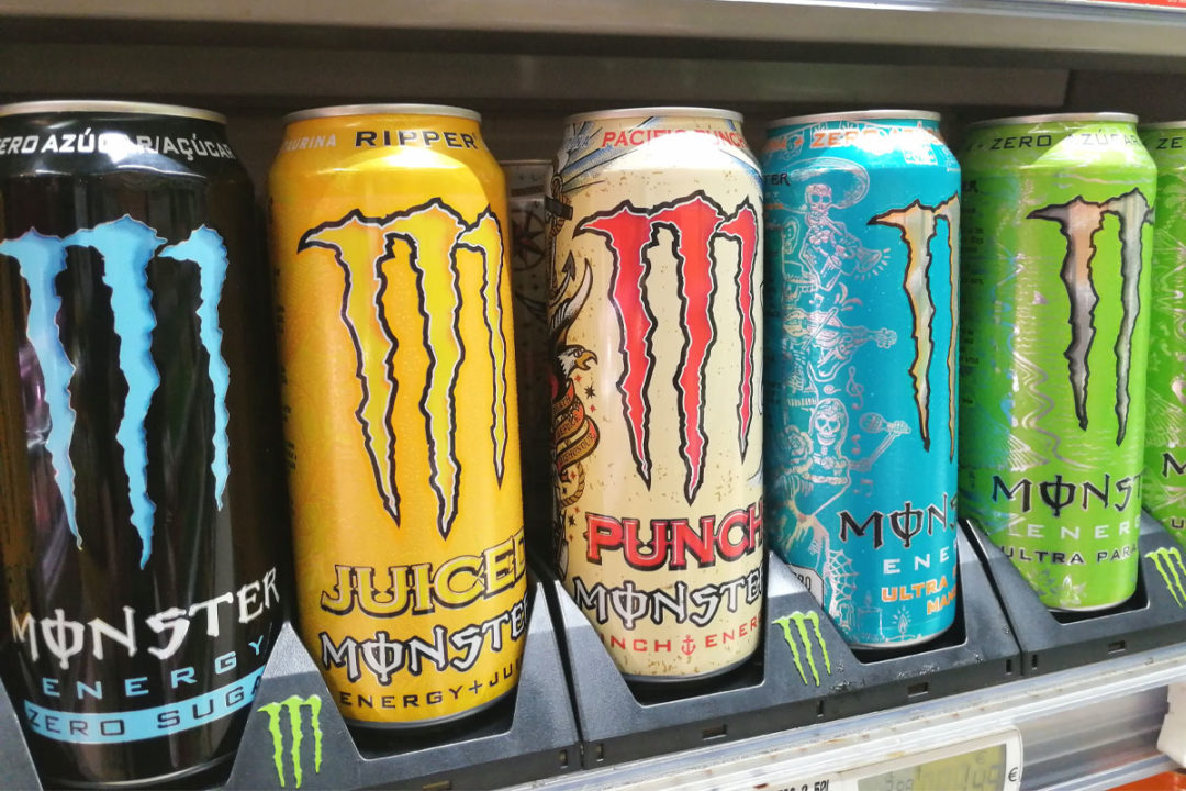 Monster beverages on a shelf
