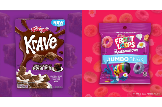 new Krave Double Chocolate Brownie Batter cereal and Froot Loops with Marshmallows Jumbo Snax from Kellogg Co.