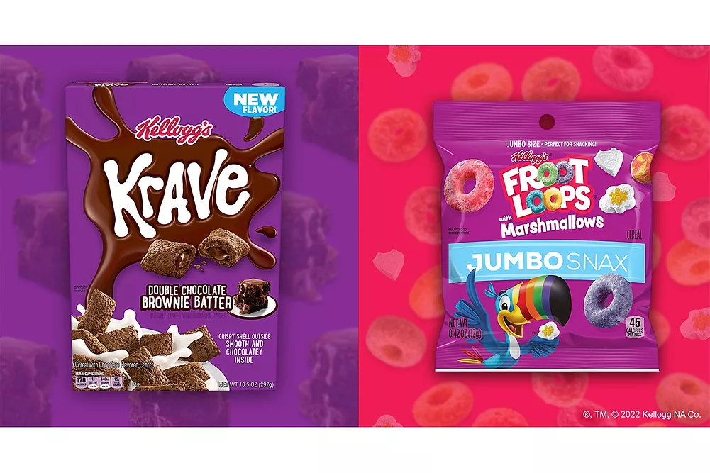 new Krave Double Chocolate Brownie Batter cereal and Froot Loops with Marshmallows Jumbo Snax from Kellogg Co.