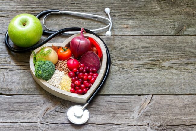 Healthy foods in a heart-shaped dish