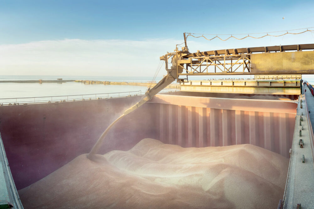 Grain being loaded on a ship