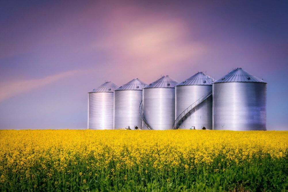 Metal silos in a field