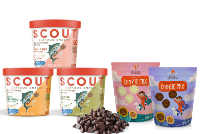 Chocolate chips, Scout tinned fish and Raised Gluten Free children's cookie mix