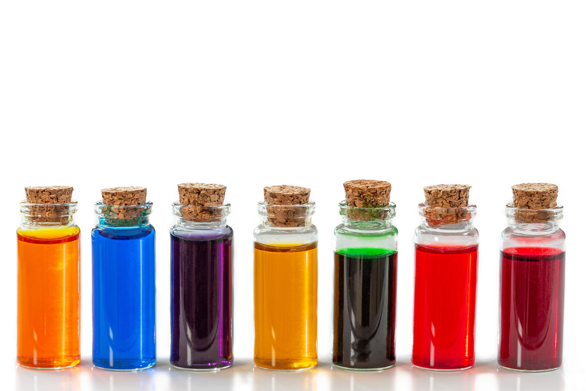 Colored liquid in glass vials