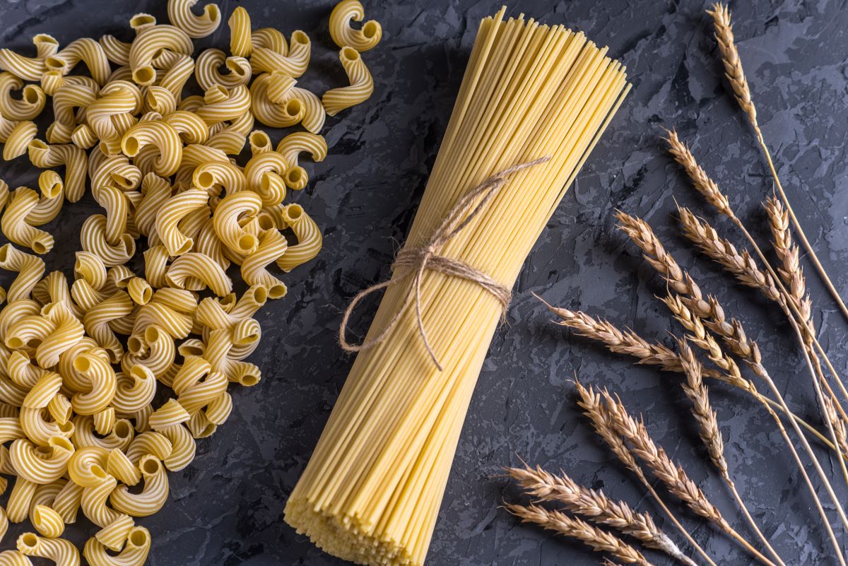 Durum wheat pasta and wheat spikelets 