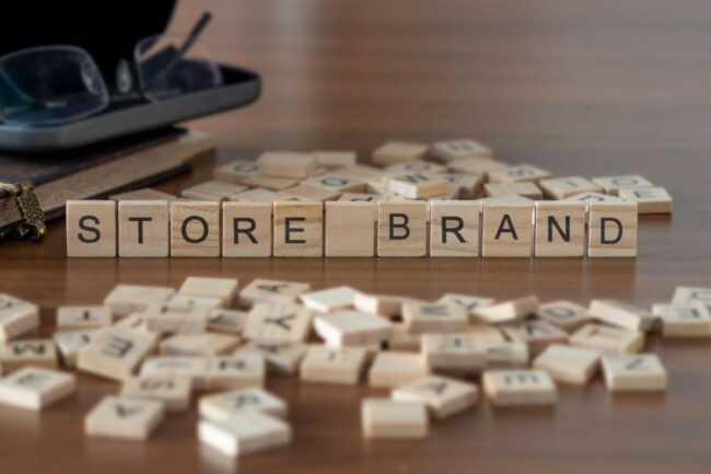 Store brand spelled out with Scrabble tiles