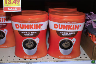 Dunkin' coffee on a shelf