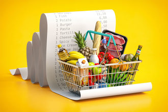 Shopping basket full of food with reciept