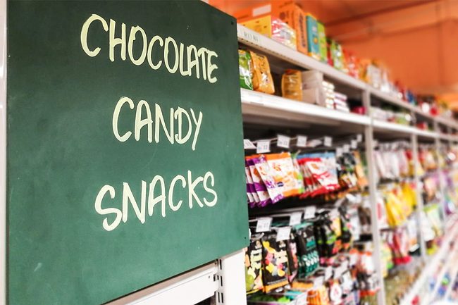 Chocolate, candy and snacks sign