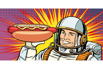 An astronaut with a hotdog