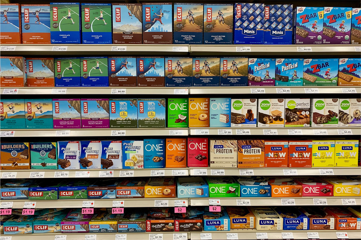 Protein bars on a store shelf