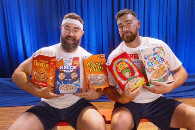 Kelce brothers holding General Mills cereals