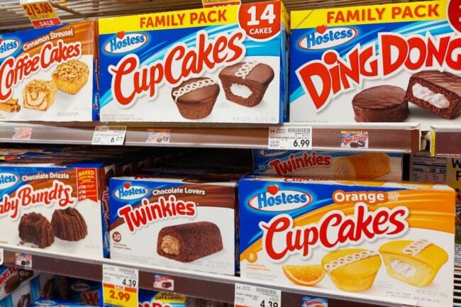 Boxes of Hostess products on a shelf 