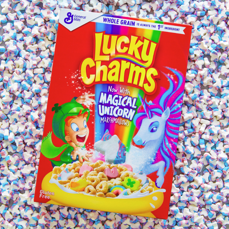 Lucky Charms cereal with magical unicorn marshmallows, General Mills