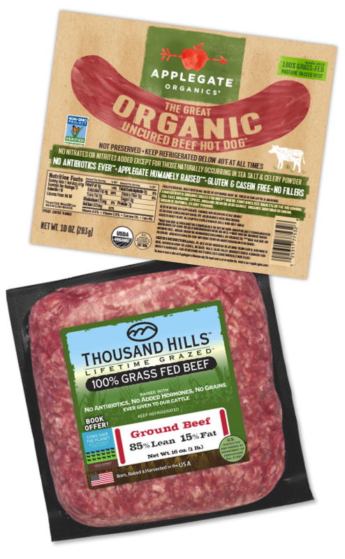 Applegate organic hot dogs and Thousand Hills grass-fed beef