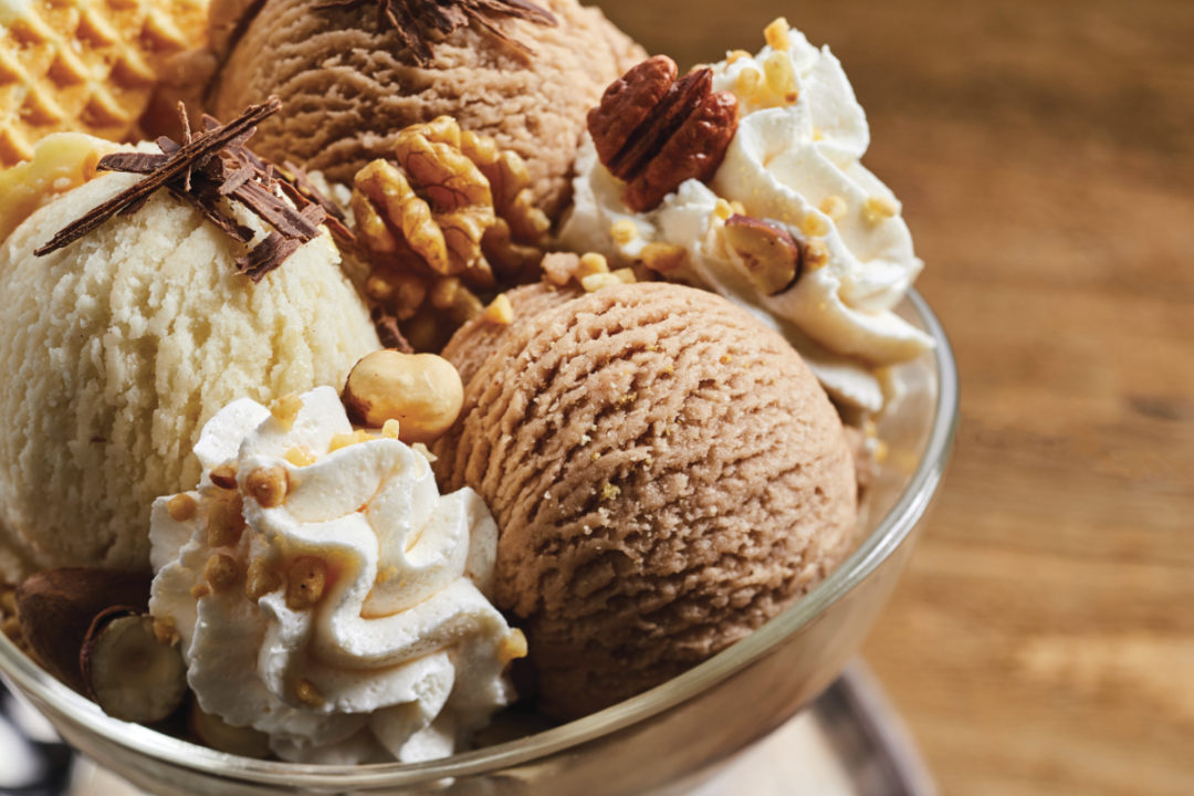 Ice cream topped with nuts