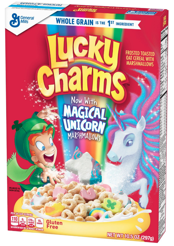Lucky Charms cereal with unicorn marshmallows, General Mills