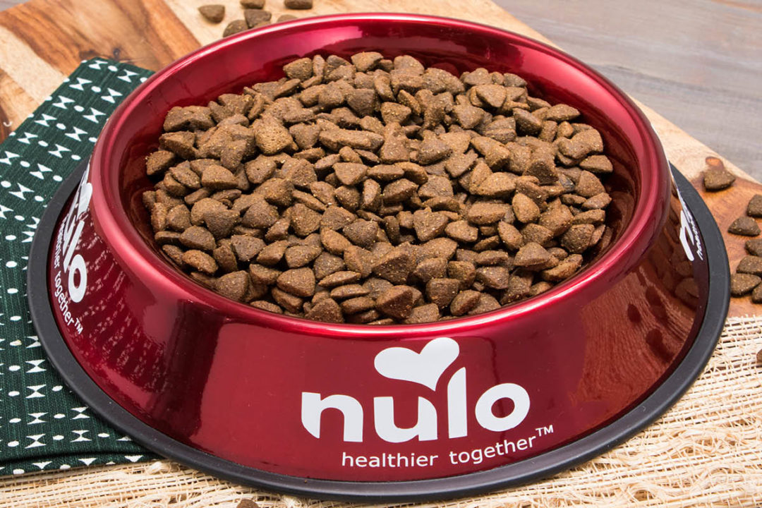 Dog food in red Nulo bowl